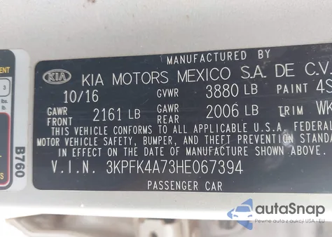 2017 Kia Forte Lx z USA, uszkodzony, nr VIN 3KPFK4A73HE067394